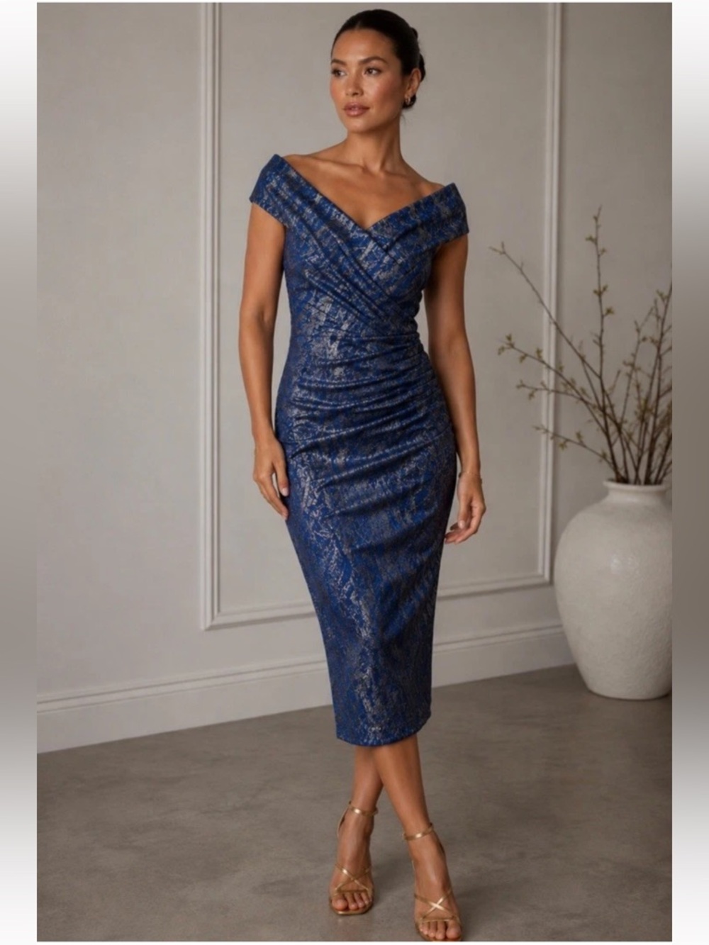 Rickie Freeman Teri Jon Ruched Blue Silver Jacquard Cocktail Dress Size 6 $800